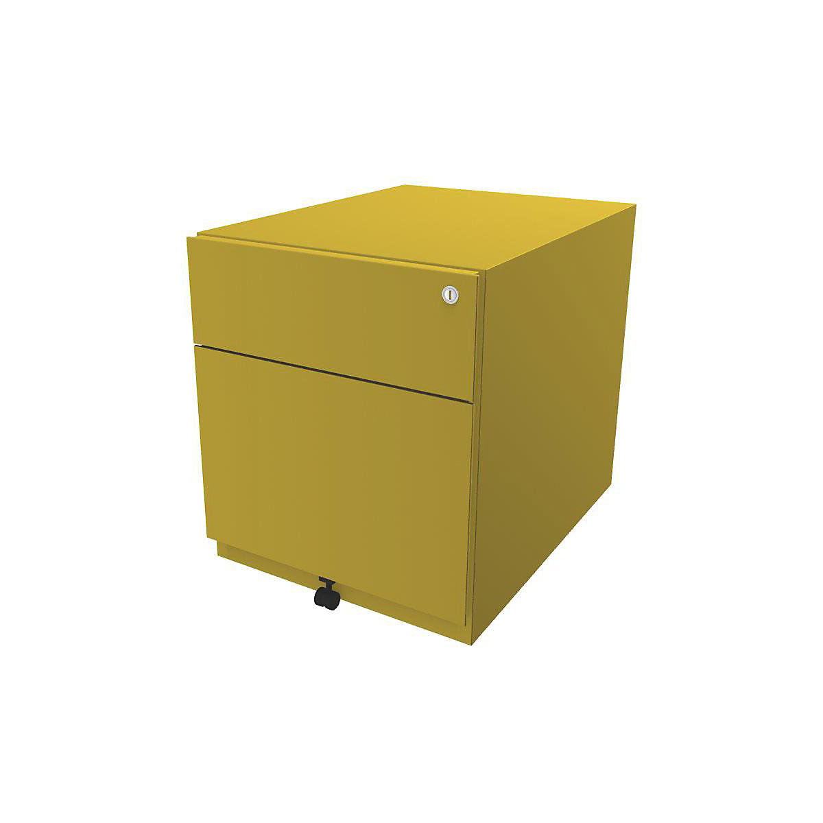 BISLEY Rollcontainer Note™, mit 1 Hängeregistratur, 1 Universalschublade, HxBxT 495 x 420 x 565 mm, mit Griffleiste, gelb