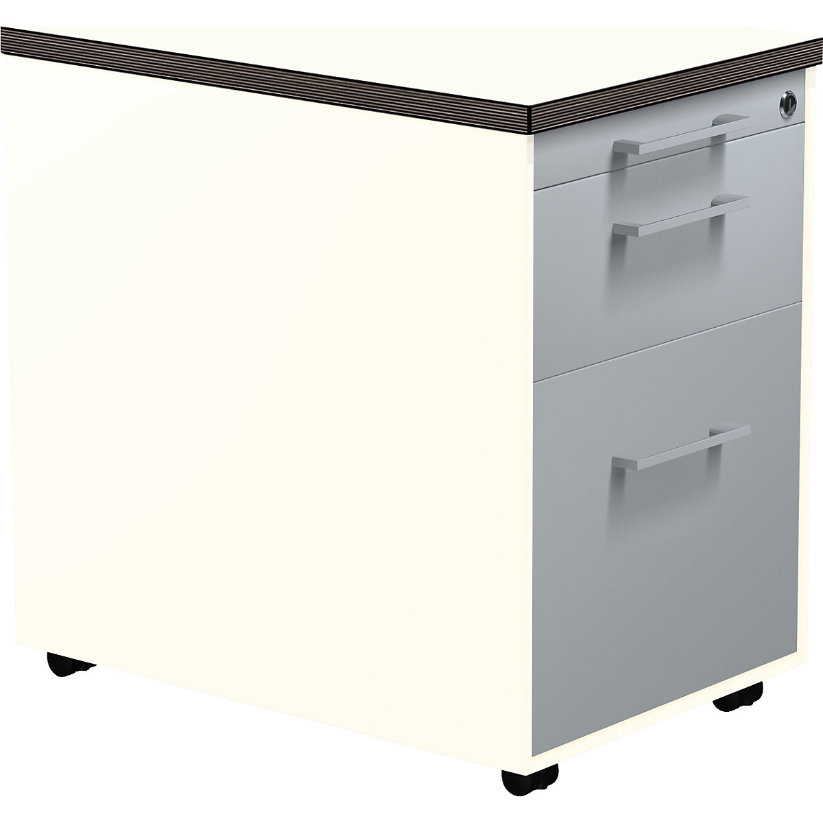 mauser Schubladencontainer auf Rollen, HxT 579 x 600 mm, 1 Materialschub, 1 Hängeregistratur, reinweiß / alusilber / weiß