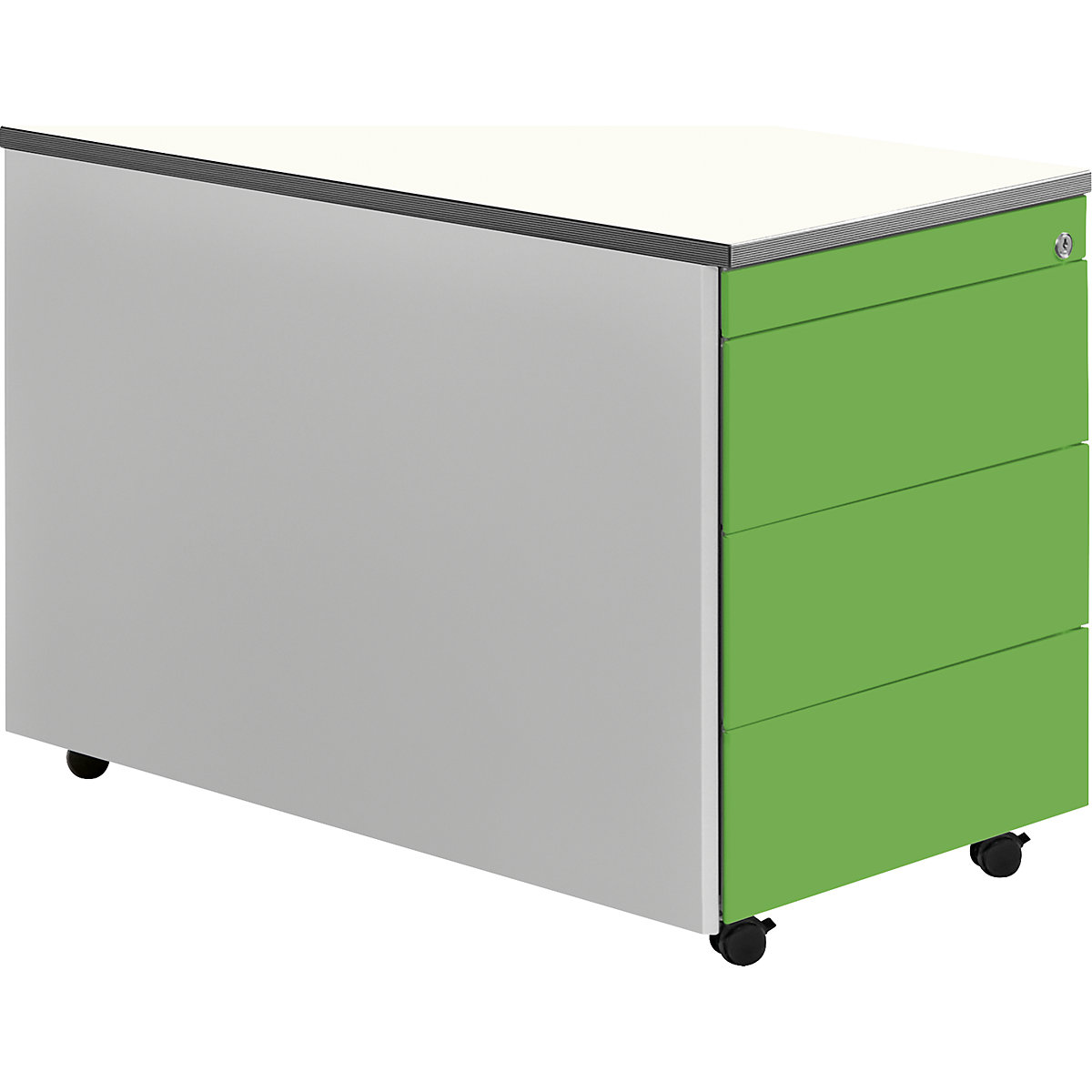 mauser Schubladencontainer mit Rollen, HxT 579 x 800 mm, Kunststoffplatte, 3 Schubladen, weißaluminium / gelbgrün / weiß