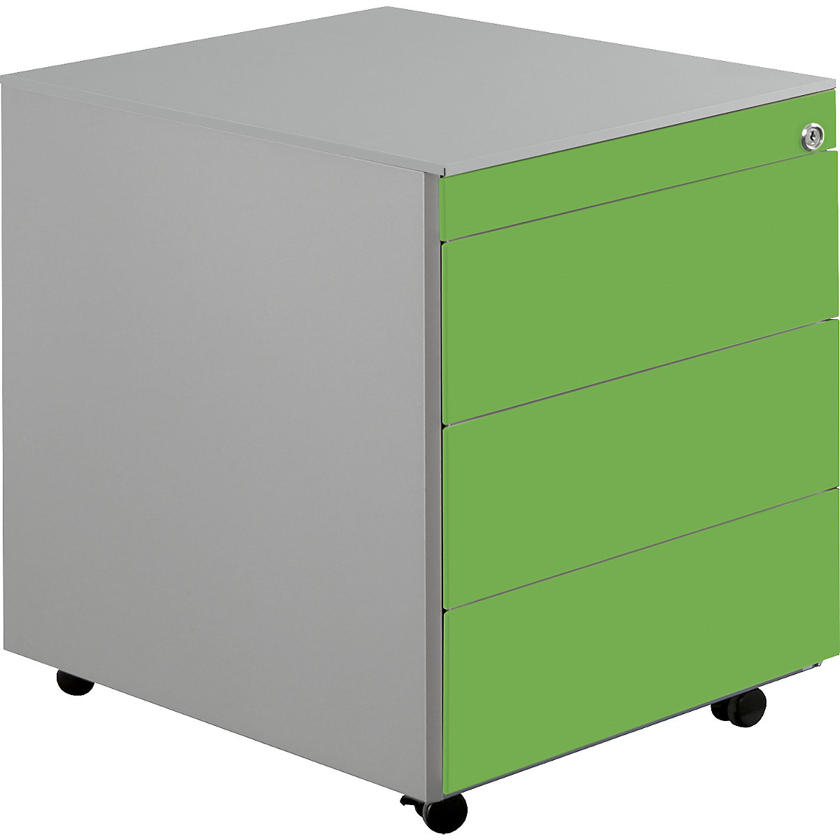 mauser Schubladencontainer mit Rollen, HxT 570 x 600 mm, Stahlplatte, 3 Schubladen, weißaluminium / gelbgrün
