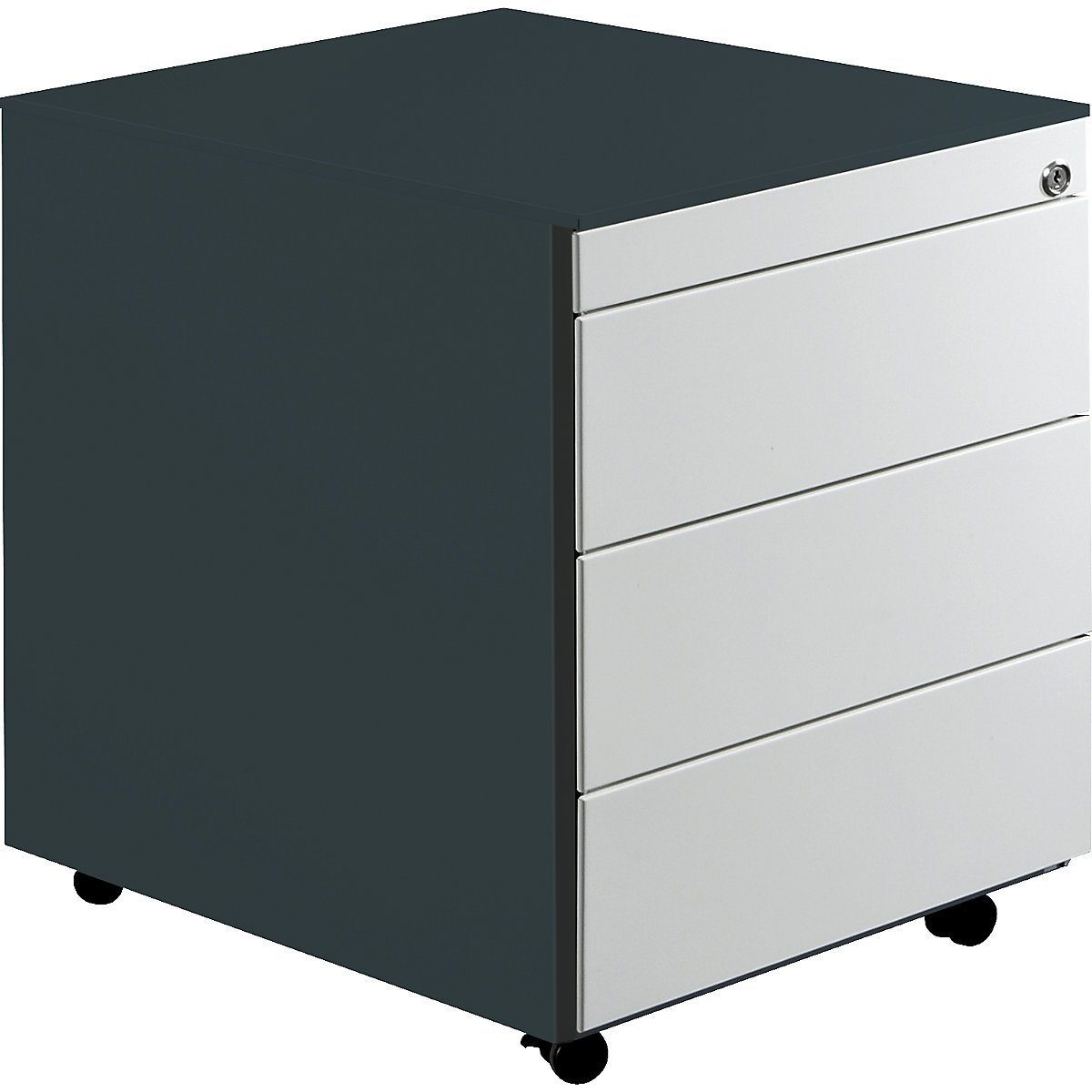 mauser Schubladencontainer mit Rollen, HxT 570 x 600 mm, Stahlplatte, 3 Schubladen, anthrazitgrau / lichtgrau