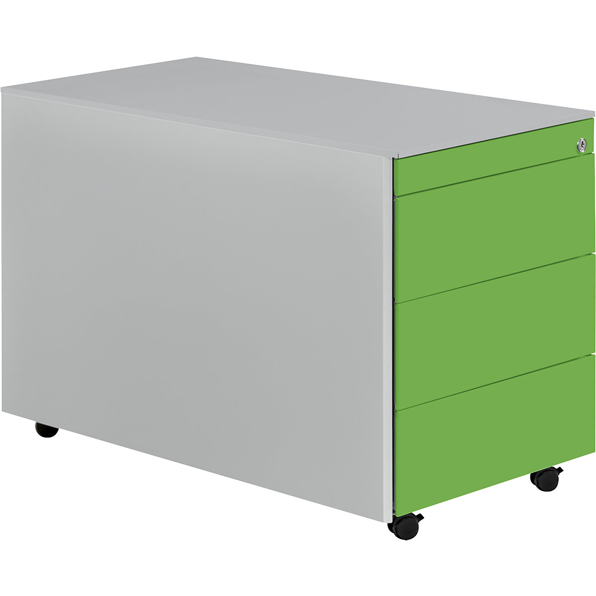 mauser Schubladencontainer mit Rollen, HxT 570 x 800 mm, Stahlplatte, 3 Schubladen, weißaluminium / gelbgrün / weißaluminium