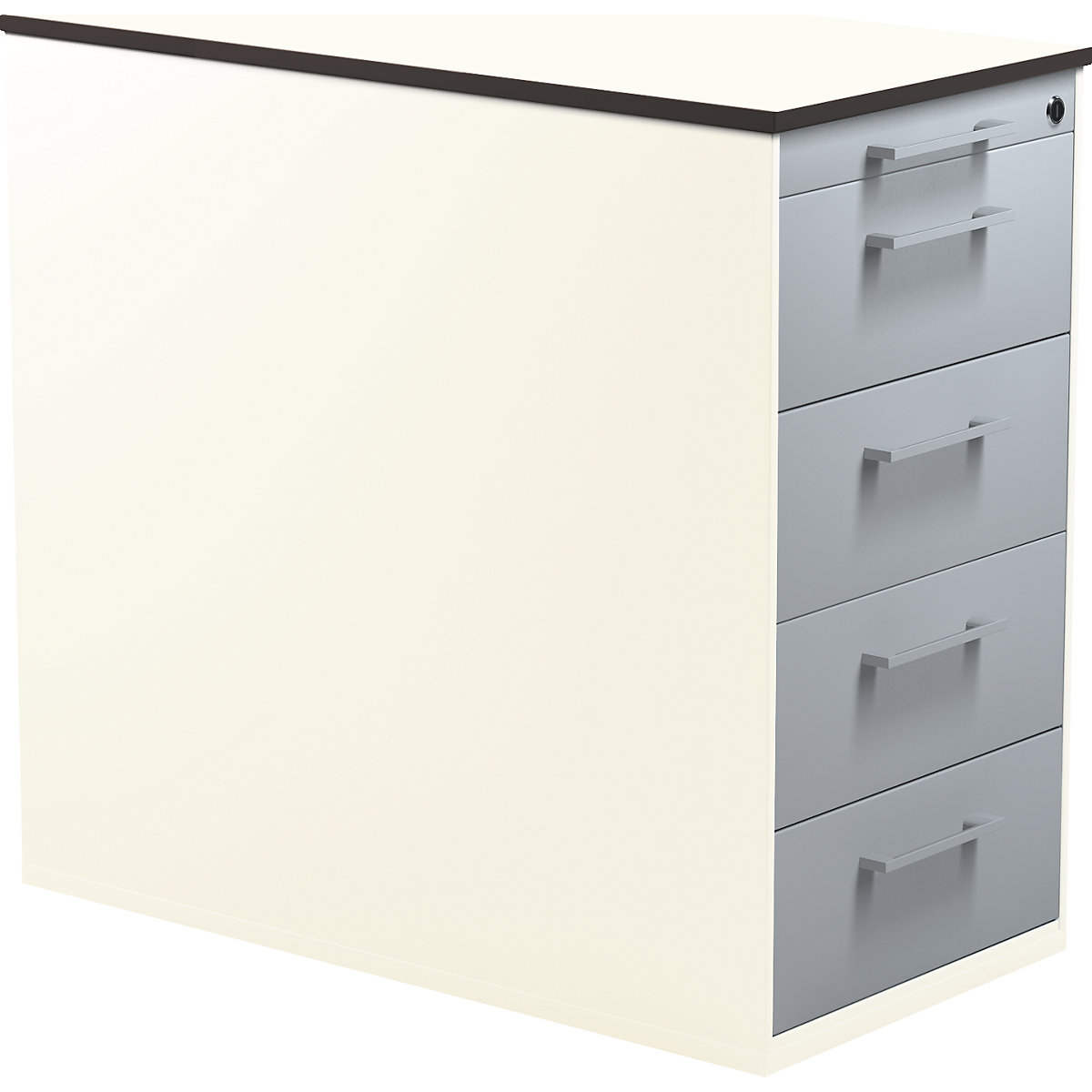 mauser Schubladencontainer mit Sockel, Höhe 708 mm, HPL-Vollkernplatte, 4 Schubladen, reinweiß / alusilber / weiß