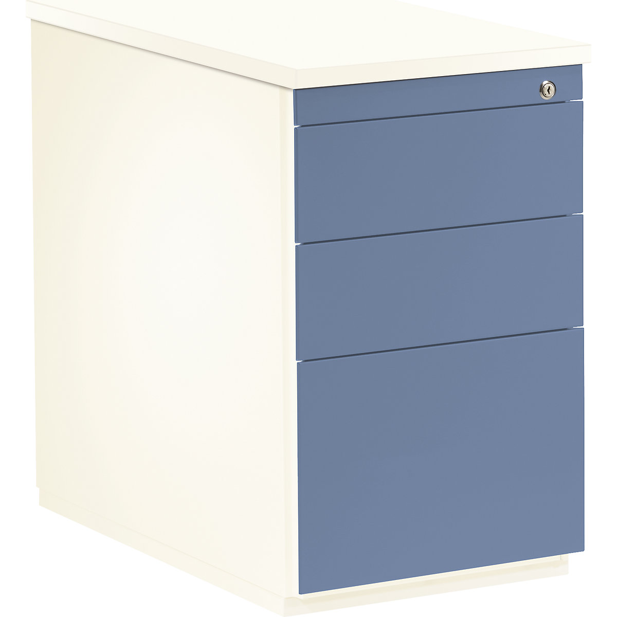 mauser Schubladencontainer, HxT 720 x 800 mm, 2 Materialschübe, 1 Hängeregistratur, reinweiß / taubenblau / reinweiß