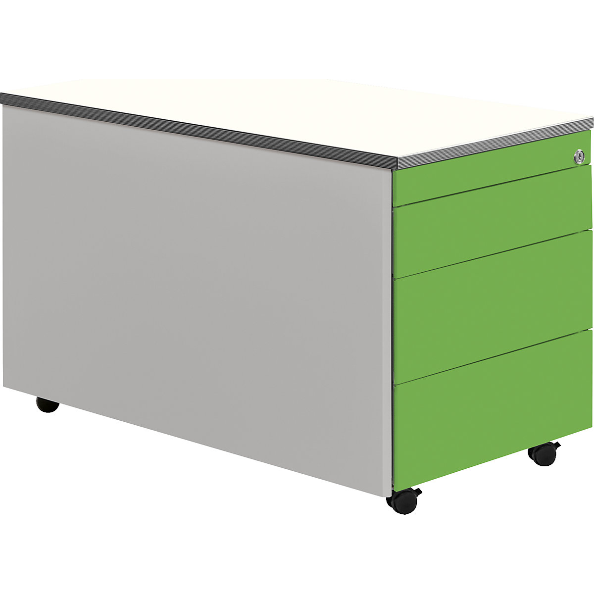 mauser Schubladencontainer mit Rollen, HxT 529 x 800 mm, Kunststoffplatte, 3 Schubladen, weißaluminium / gelbgrün / weiß