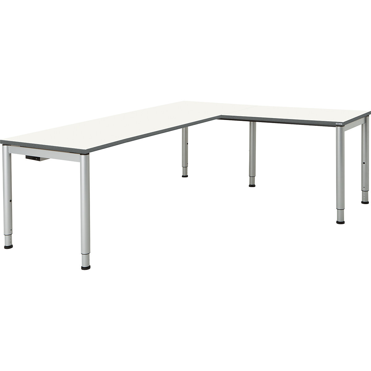 mauser Schreibtisch, verkettet, Fußform Rundrohr, HxBxT 650 – 850 x 2000 x 800 mm, Winkelansatz rechts, Platte weiß, Gestell alufarben