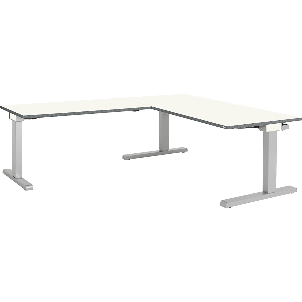 Schreibtisch, verkettet mauser, BxT 1600 x 800 mm, Winkelansatz links (Breite 1200 mm), Platte weiß, Gestell alusilber-3