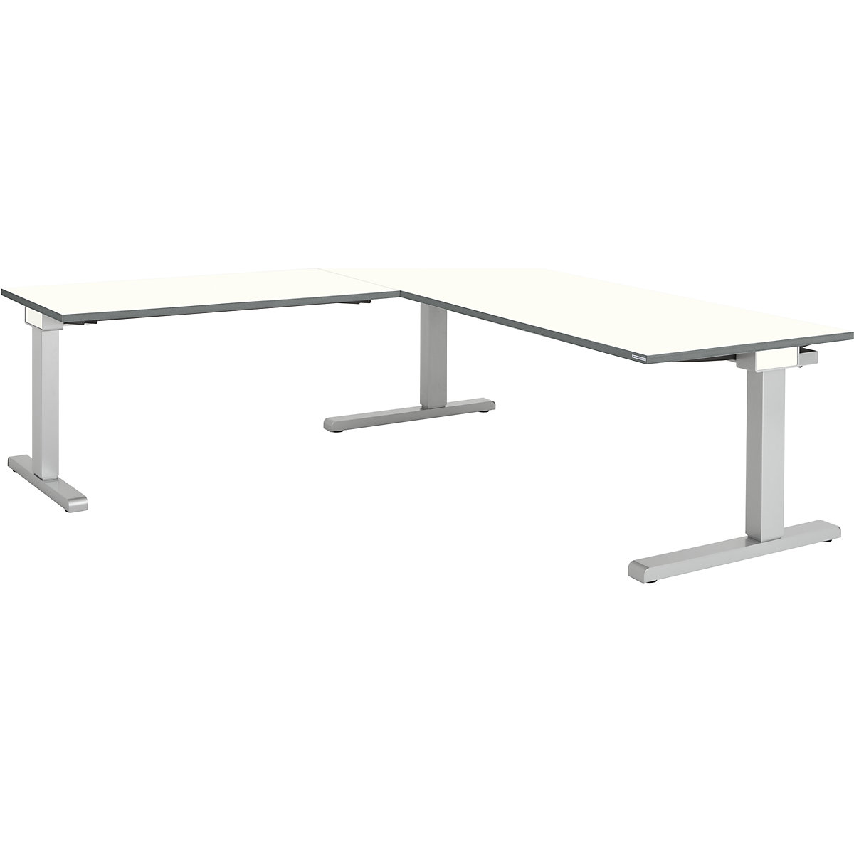 mauser Schreibtisch, verkettet, BxT 1800 x 800 mm, Winkelansatz links (Breite 1200 mm), Platte weiß, Gestell alusilber