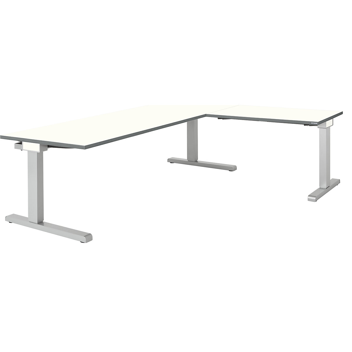 mauser Schreibtisch, verkettet, BxT 2000 x 800 mm, Winkelansatz rechts (Breite 1000 mm), Platte weiß, Gestell alusilber