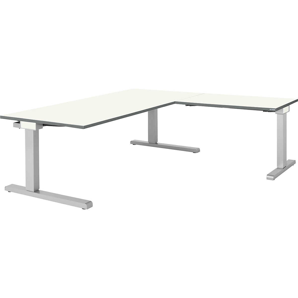 mauser Schreibtisch, verkettet, BxT 1800 x 900 mm, Winkelansatz rechts (Breite 1000 mm), Platte weiß, Gestell alusilber