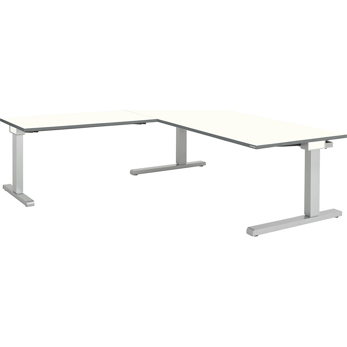 mauser Schreibtisch, verkettet, BxT 1800 x 900 mm, Winkelansatz links (Breite 1200 mm), Platte weiß, Gestell alusilber