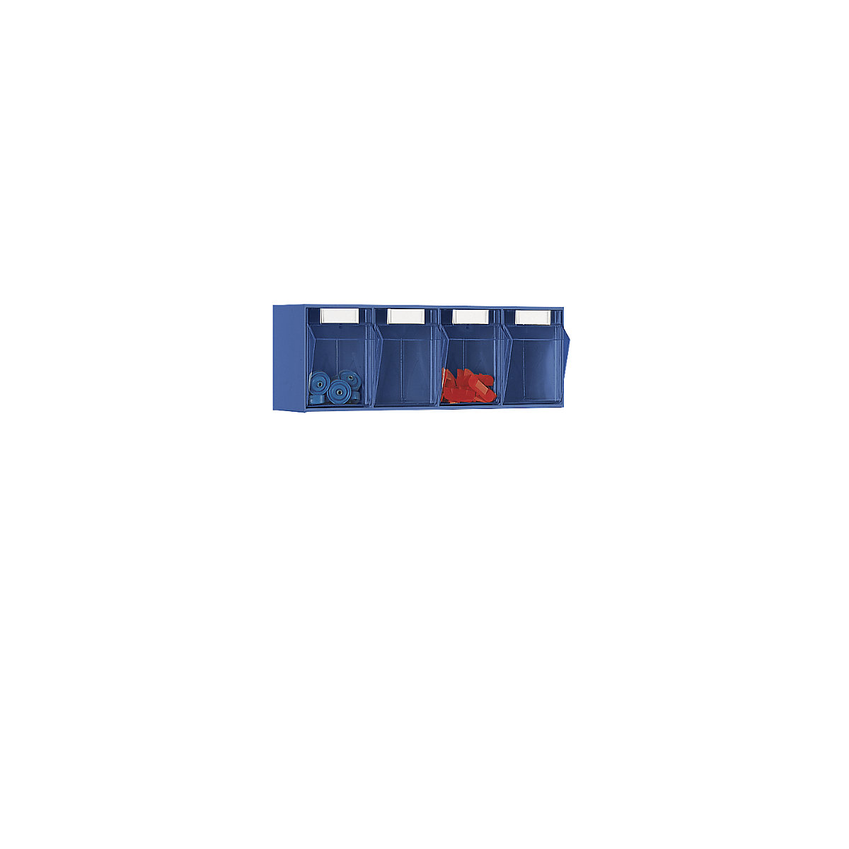 Système de bacs pivotants, casier h x l x p 207 x 600 x 168 mm, 4 bacs bleus, 10 pièces et +-6