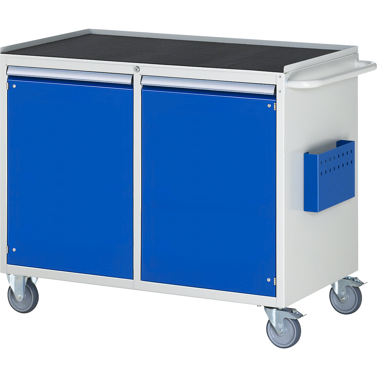Bancadas de trabalho compactas, móveis – RAU, 2 portas, tabuleiro metálico com esteira de borracha, cinzento claro / azul genciana-2
