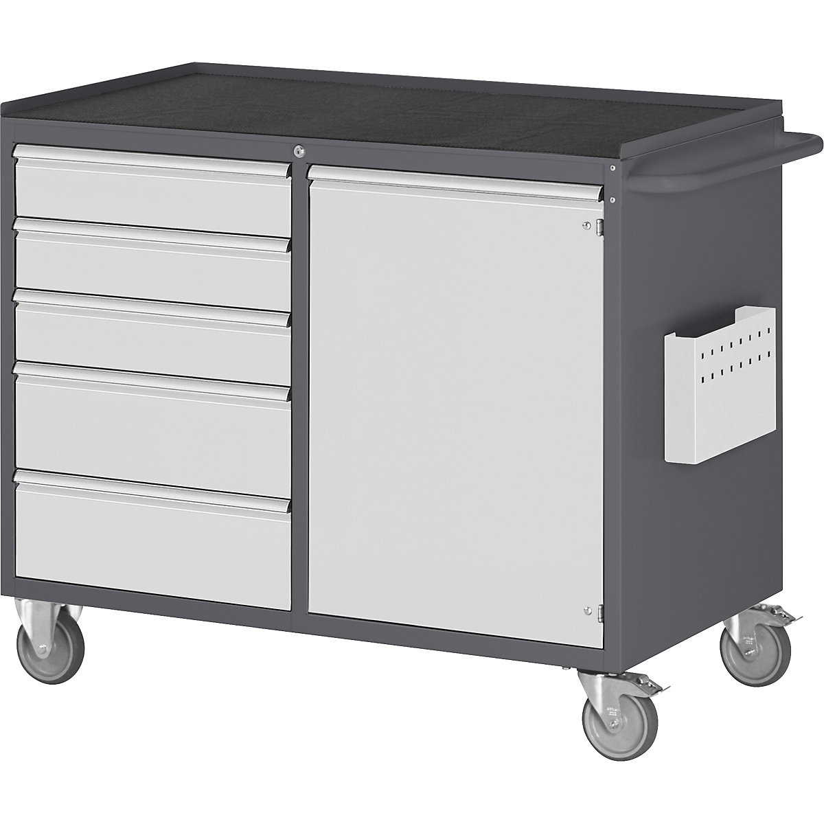 Bancadas de trabalho compactas, móveis – RAU, 5 gavetas, 1 porta, tabuleiro metálico com esteira de borracha, antracite / cinzento claro-4