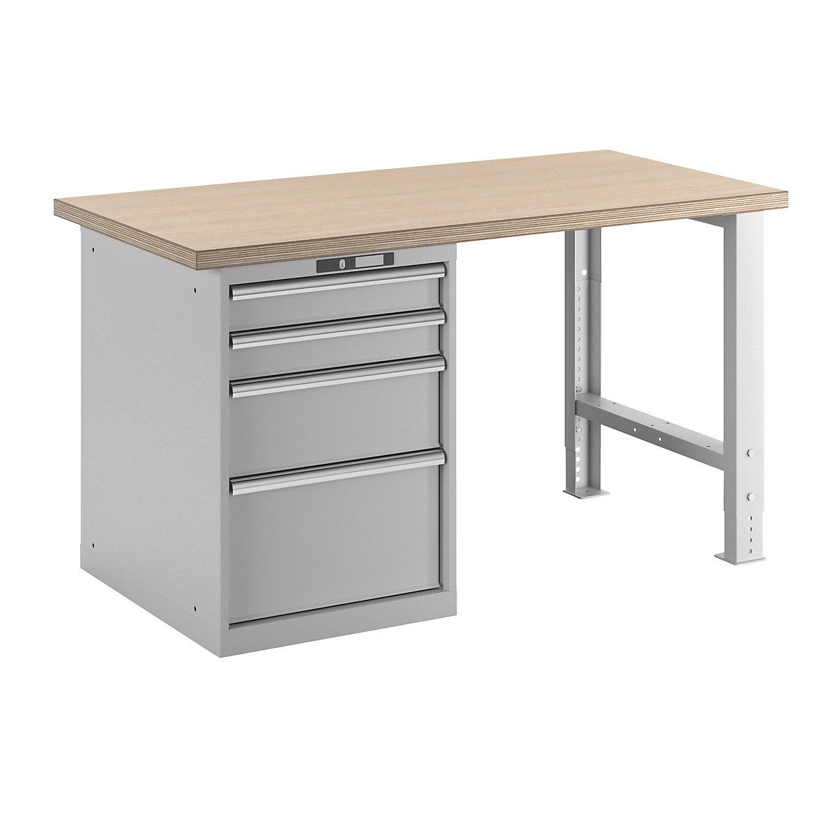 Sistema de bancadas de trabalho – LISTA, altura 840 mm, armário inferior, 4 gavetas, cinzento claro, largura da mesa 1500 mm-7