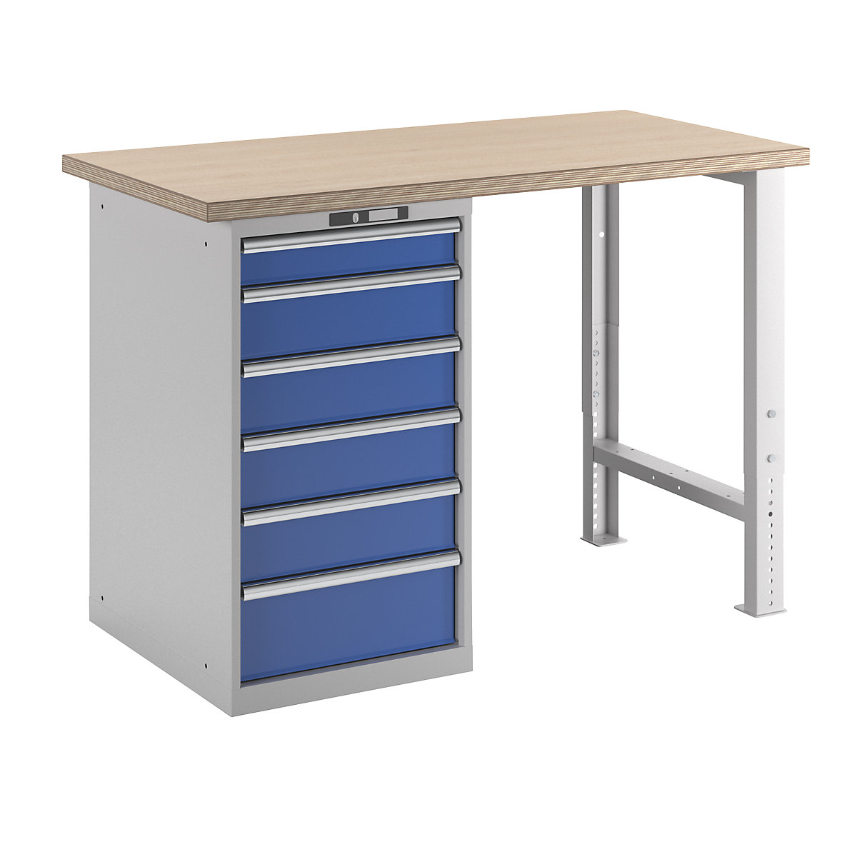 Sistema de bancadas de trabalho – LISTA, altura 1040 mm, armário inferior, 6 gavetas, azul genciana, largura da mesa 1500 mm-4