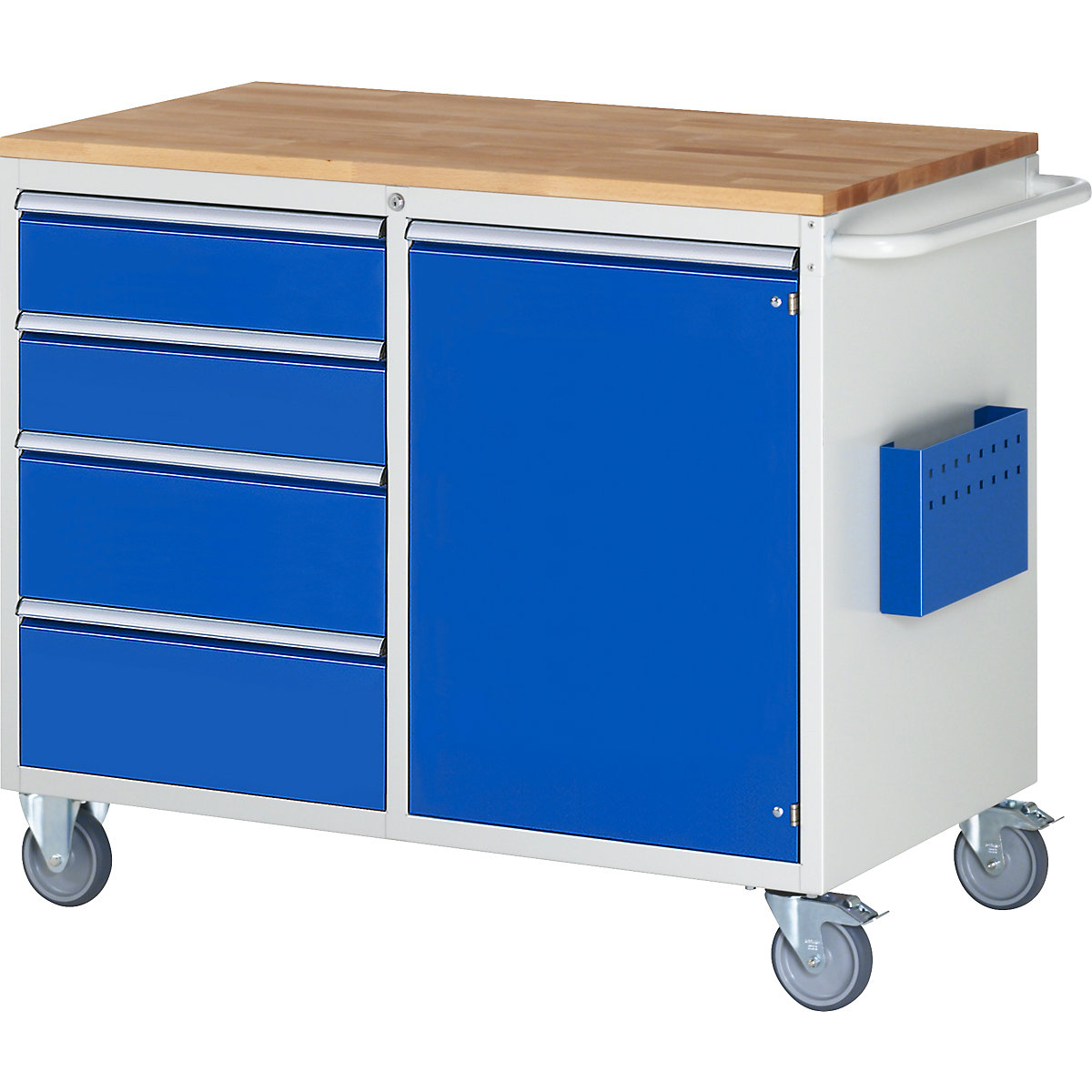 Banchi da lavoro compatti, con rotelle – RAU, 4 cassetti, 1 anta, piano di lavoro in legno, grigio chiaro / blu genziana-2