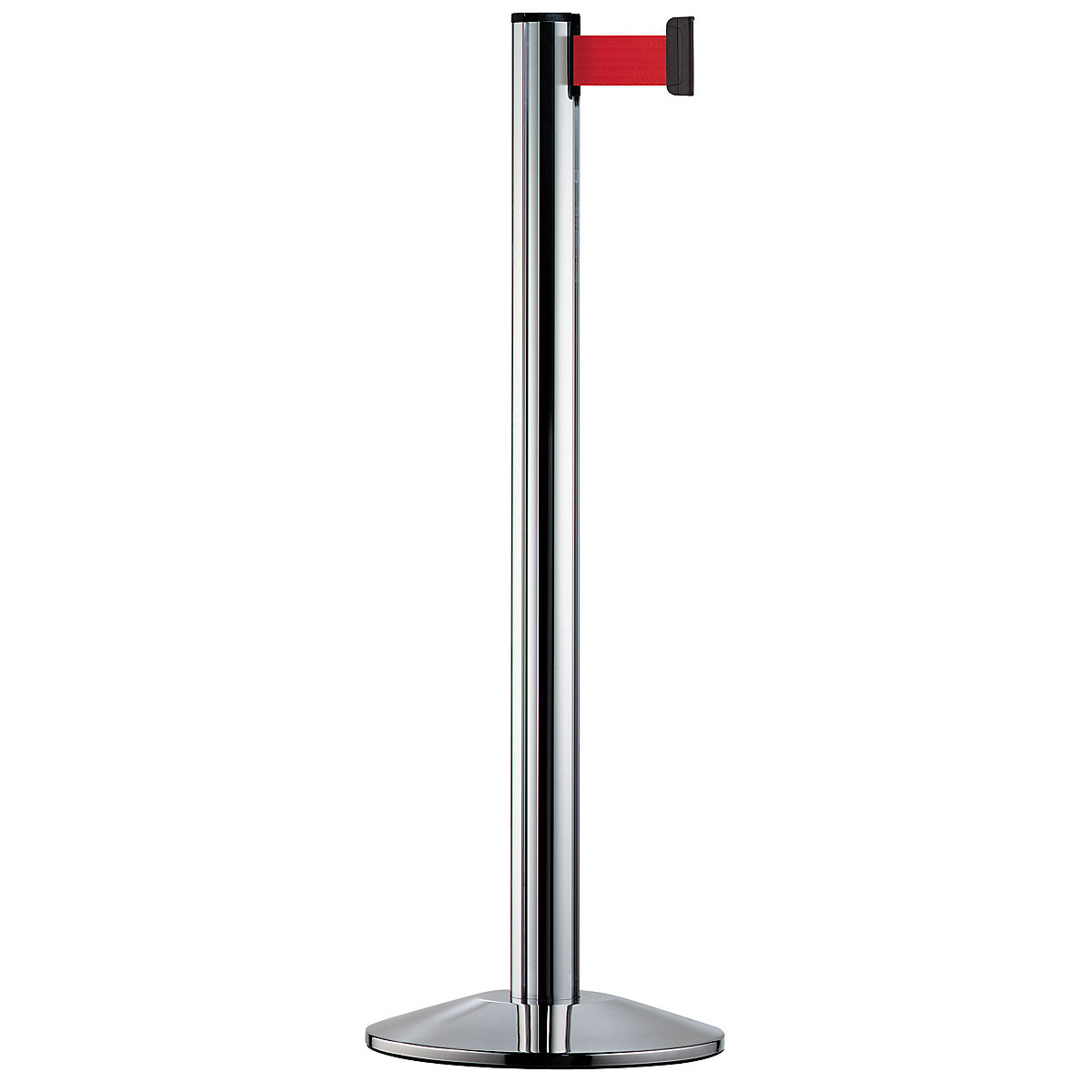 Belt post made of aluminium, post polished chrome, extends 2300 mm, belt colour red-4