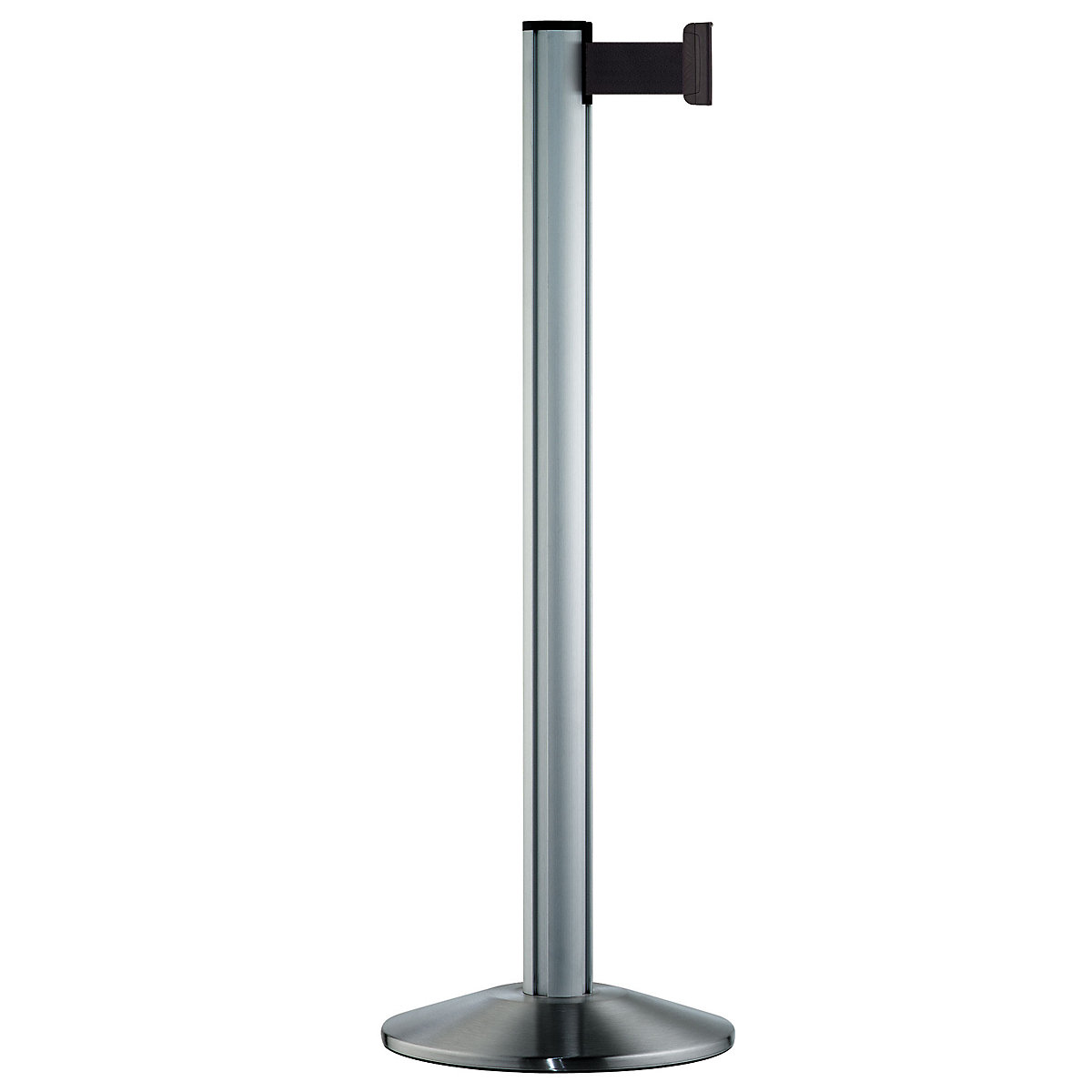 Belt post made of aluminium, post brushed chrome, extends 2300 mm, belt colour black-9