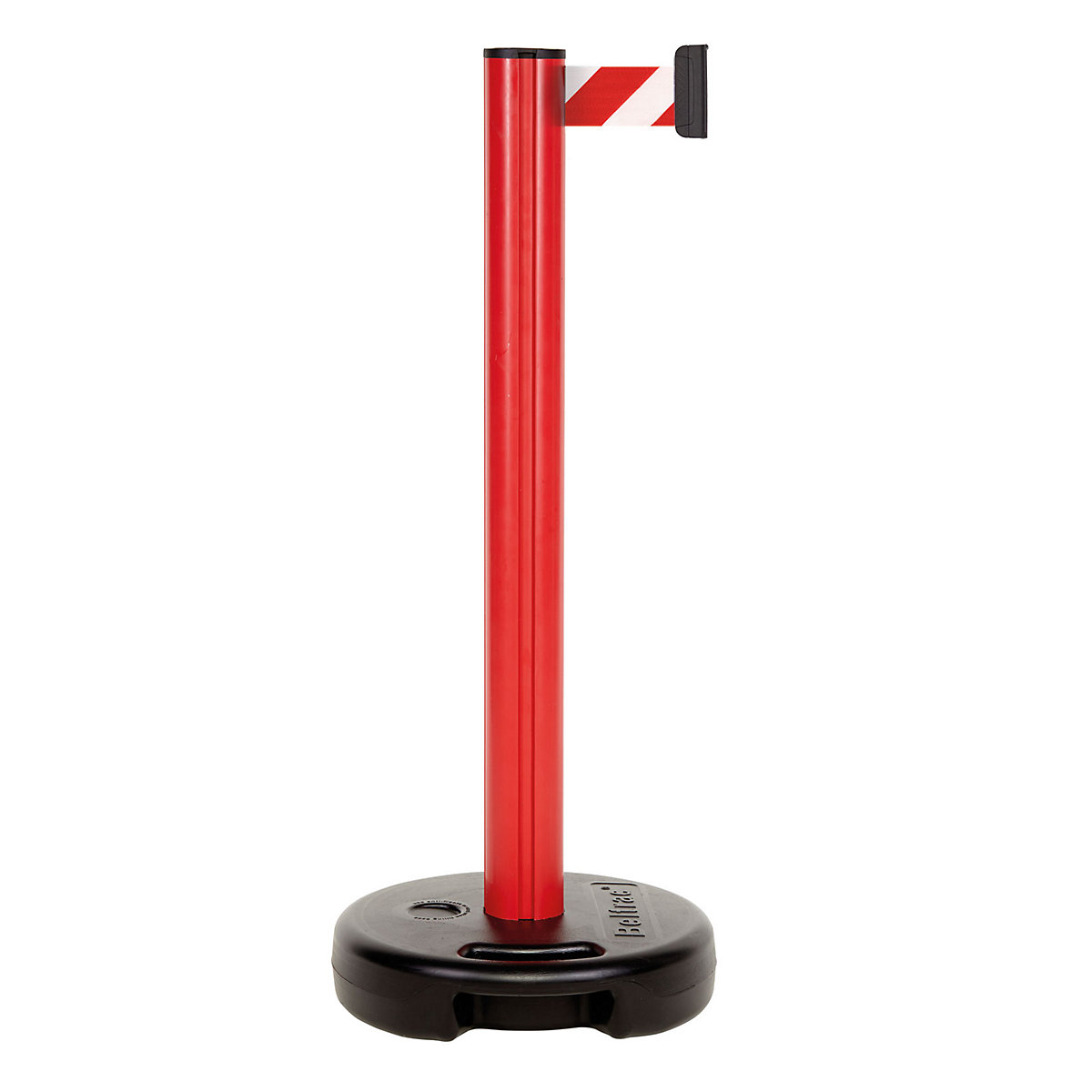 Belt post made of plastic, belt extends to max. 3700 mm, post red, belt red / white
