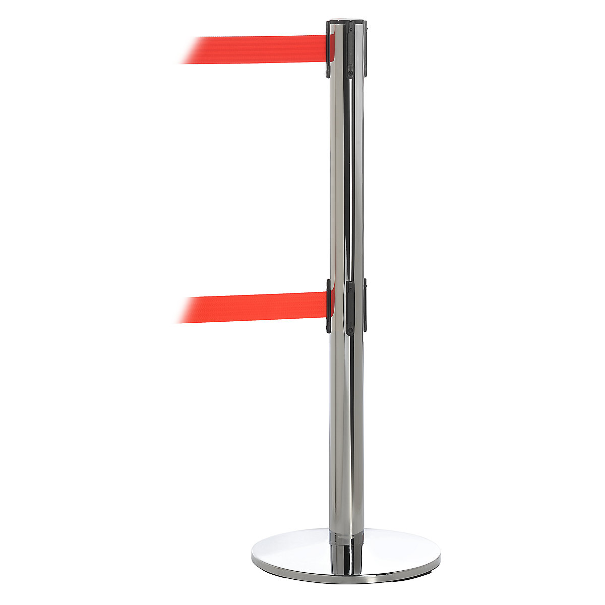 Dual line belt barrier – Tensator, chrome plated, red belt, extends 3650 mm-4