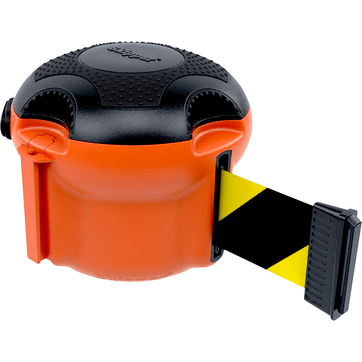 Tape barrier for indoor use – Skipper, belt extends to max. 9000 mm, yellow / black-4