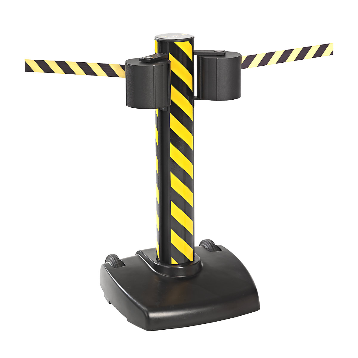 Tape barrier, mobile, with 2 x 22 m tape belts, yellow / black belt