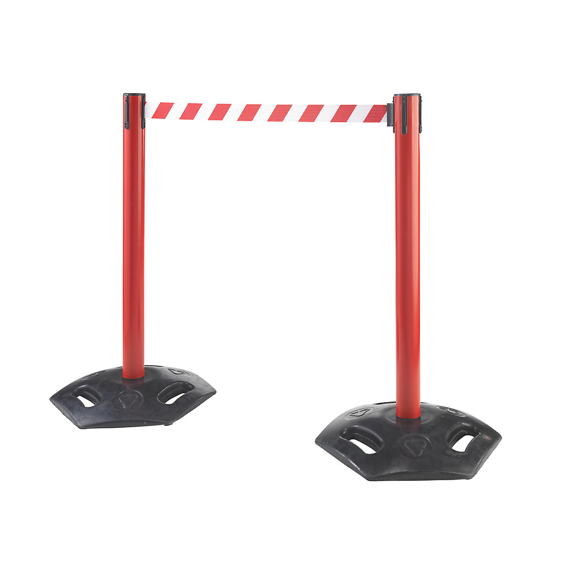 Tape barrier post, pack of 2, for outdoor use, belt extension length 3700 mm, 4-way system, post red, belt red / white-7