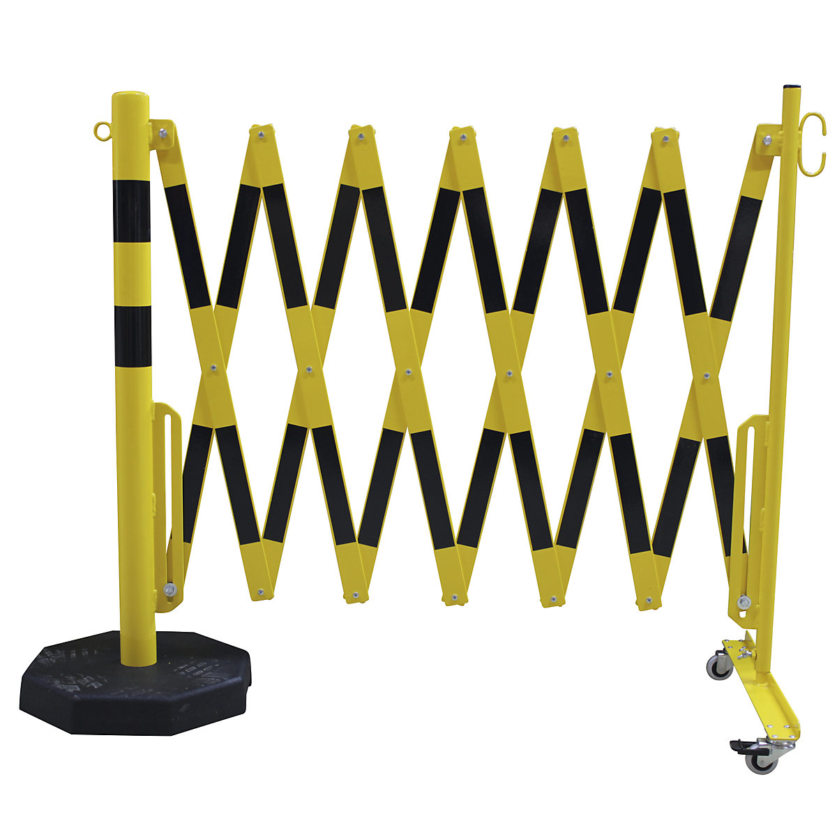Barrier post with expanding barrier, round tubing Ø 60 mm, with mobile foot plate, yellow / black, max. length 4000 mm-4