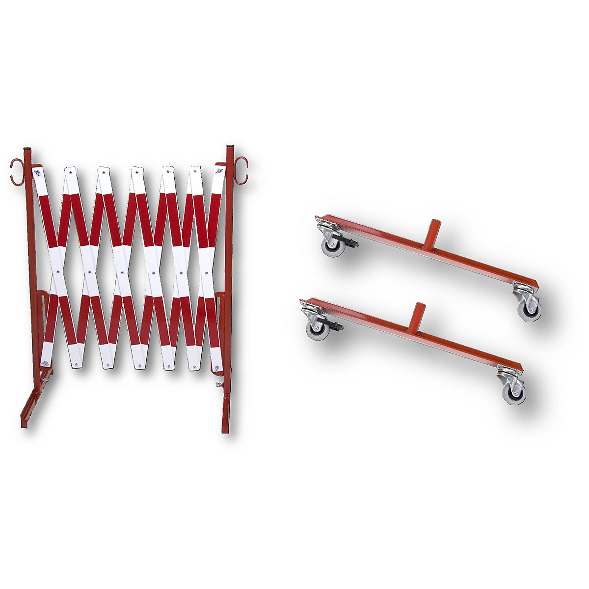 Expanding barrier, with 2 feet with castors, reflective, red / white, max. length 3600 mm