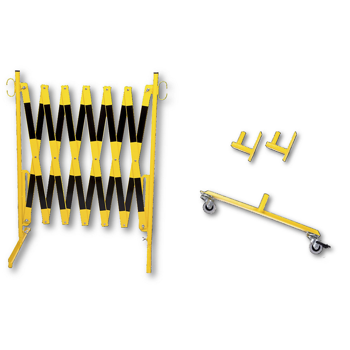 Expanding barrier, wall bracket, 2 castors, yellow / black, max. length 3600 mm