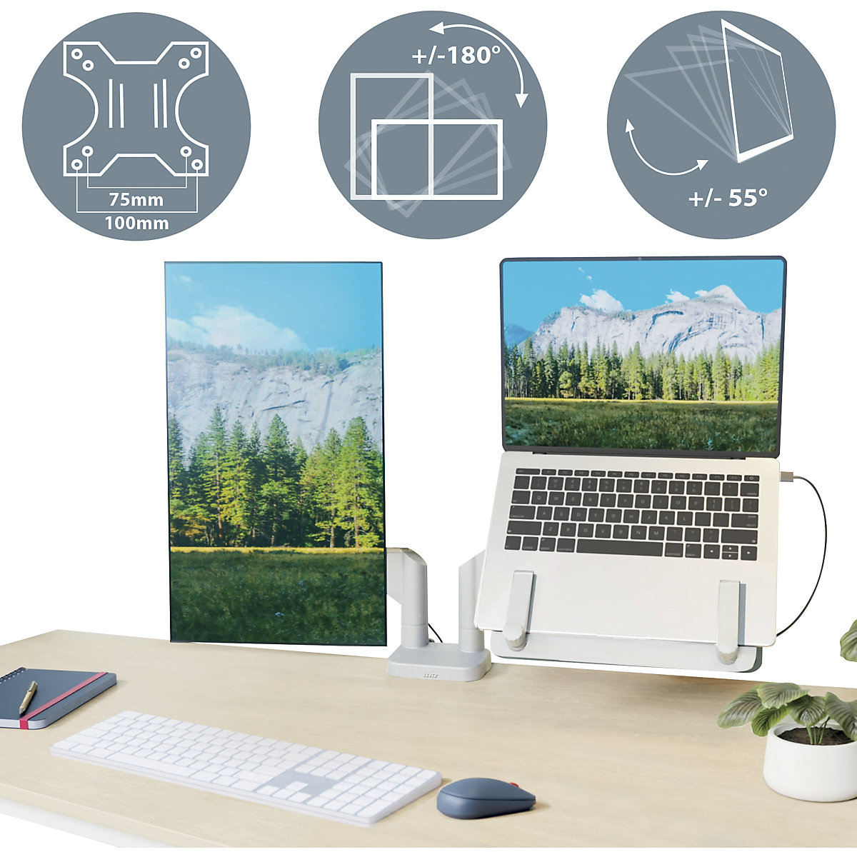 Ergo Platzsparender Dual Monitorarm mit Laptophalterung Leitz (Produktabbildung 6)-5