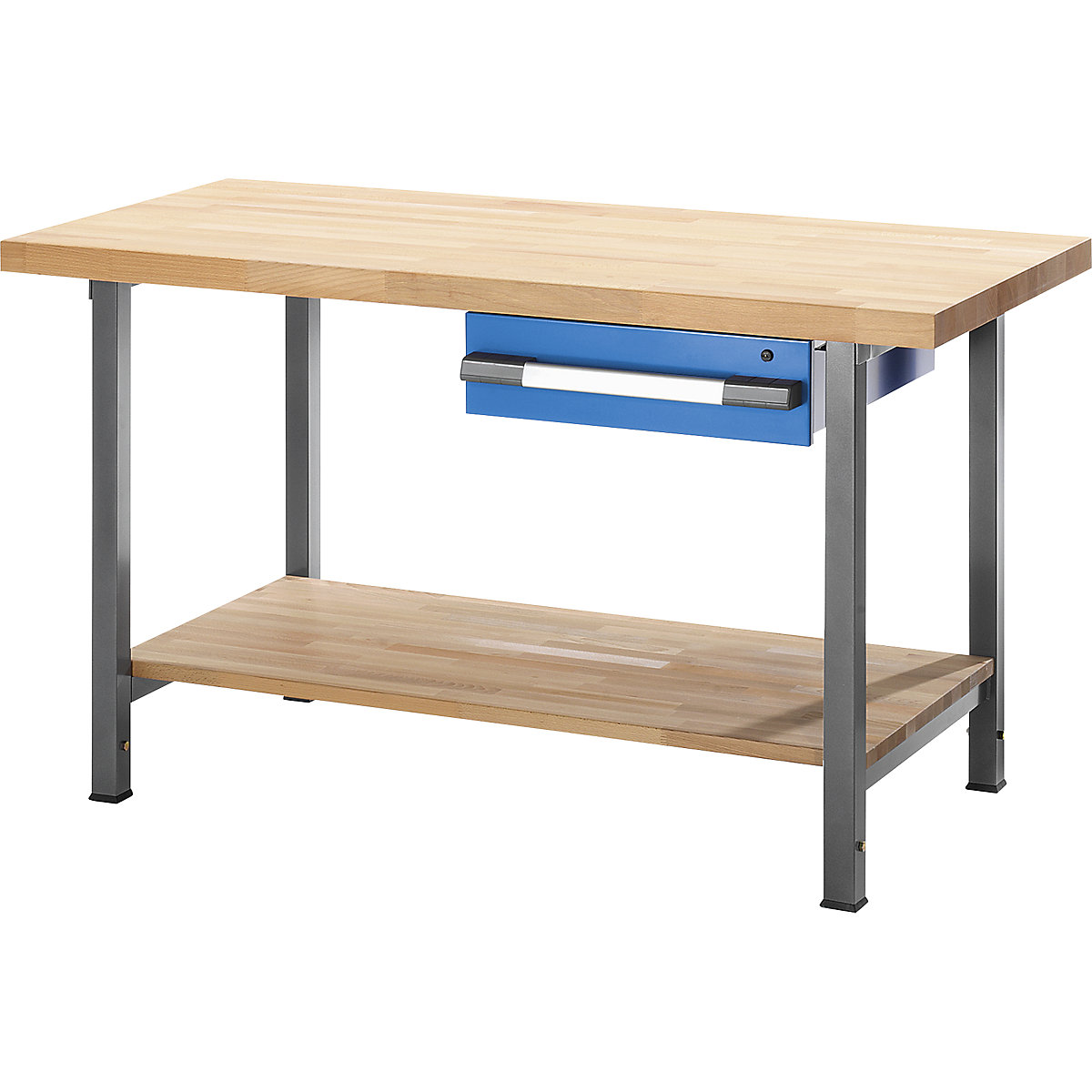 Höhenverstellbare Werkbank, Gestellbauweise eurokraft pro, 1 Schublade, 1 Ablageboden, Breite 750 mm, anthrazit / blau-1