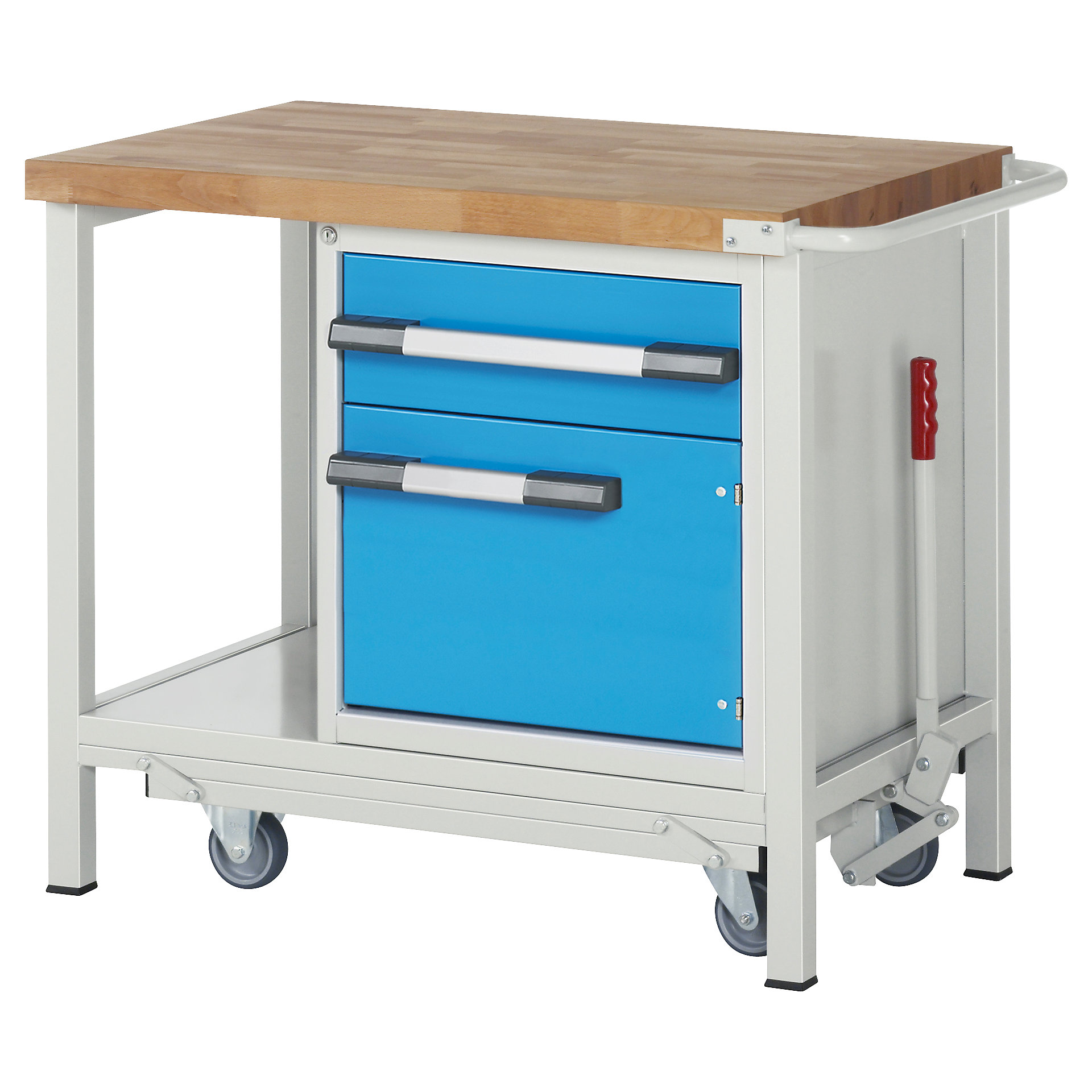 EUROKRAFTpro Werkbank: fahrbar und absenkbar, 1 Schublade, 1 Tür