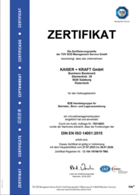 ISO 14001 Zertifikat für das Umweltmanagement