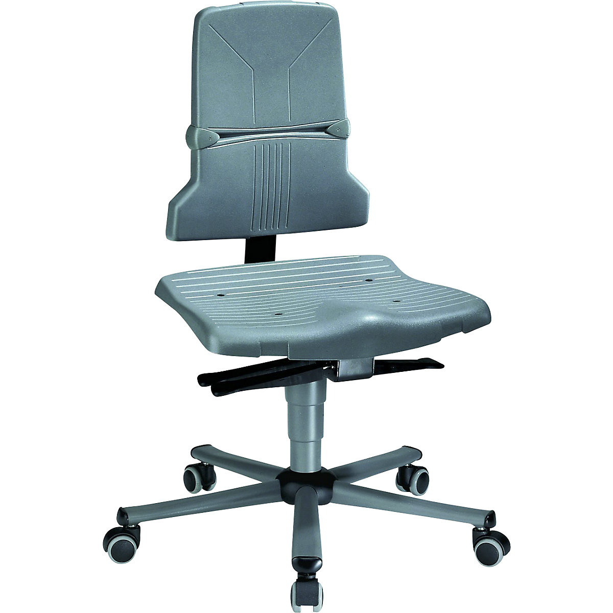 Cadeira de trabalho giratória SINTEC – bimos, contato permanente, regulação da inclinação do assento, armação em tubo de aço com cinco pés com rodas-6