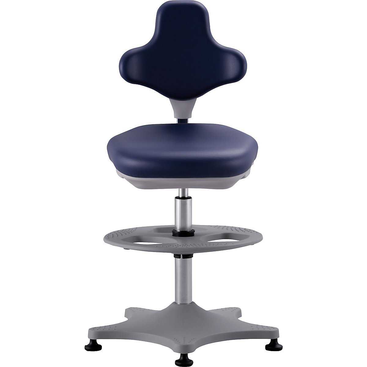 Cadeira de trabalho giratória para laboratório LABSTER – bimos, regulação da altura 550 – 800 mm, com sapatas e apoio para pés, forro em pele sintética, azul-4