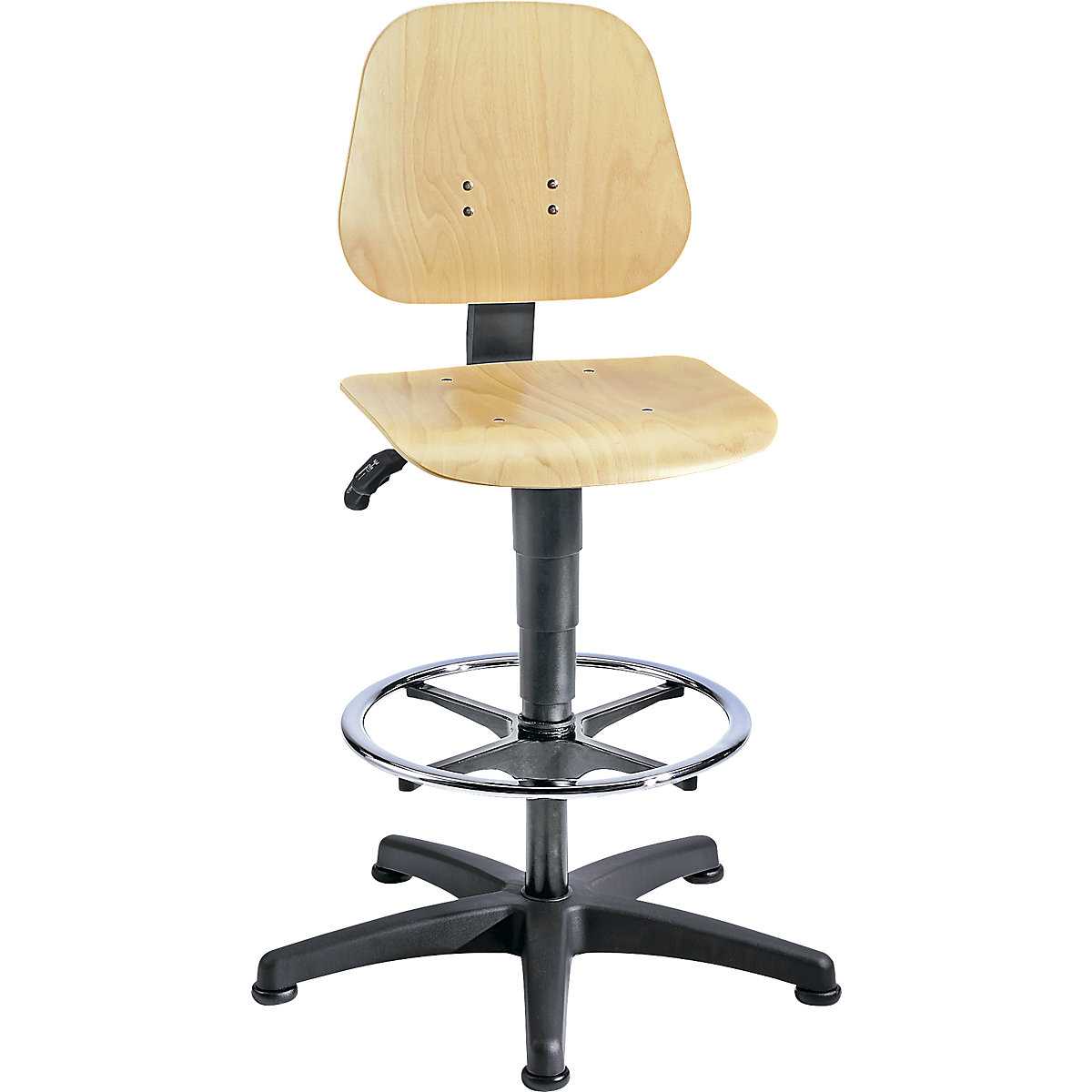 Cadeira de trabalho giratória – bimos, com regulação da altura por mola de pressão, contraplacado de faia, com patins e anel para pés-2