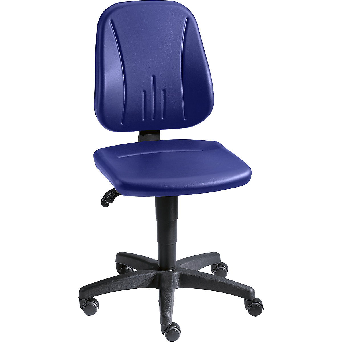 Cadeira de trabalho giratória – bimos, com regulação da altura por mola de pressão, forro em pele sintética, azul, com rodas-5