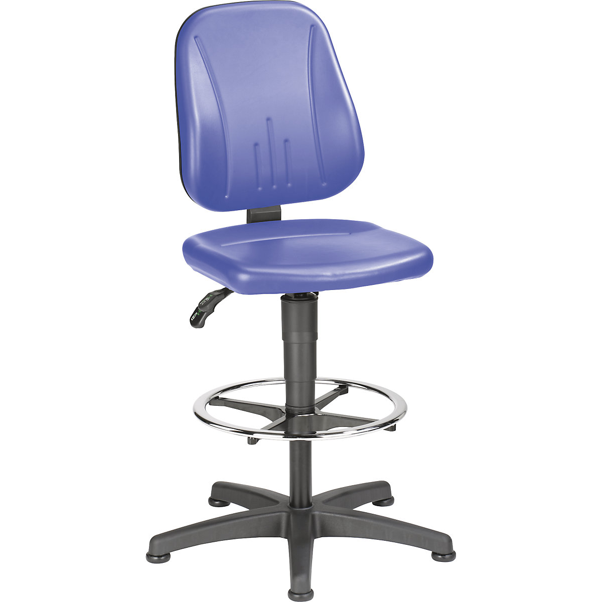 Cadeira de trabalho giratória – bimos, com regulação da altura por mola de pressão, forro em pele sintética, azul, com patins e anel para pés-9