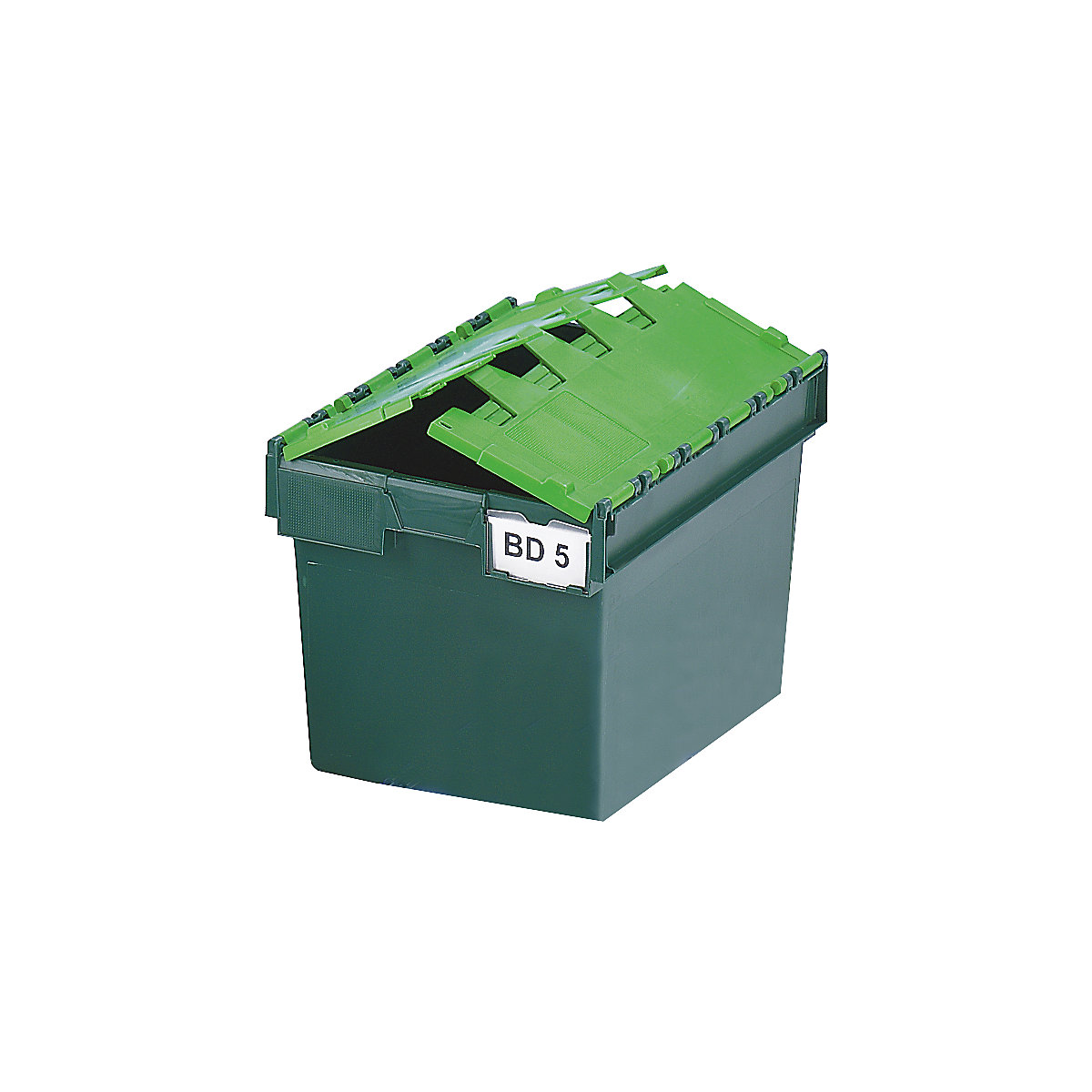 Recipiente empilhável e retornável com tampa articulada, volume 64 litros, CxLxA 600 x 400 x 365 mm, verde