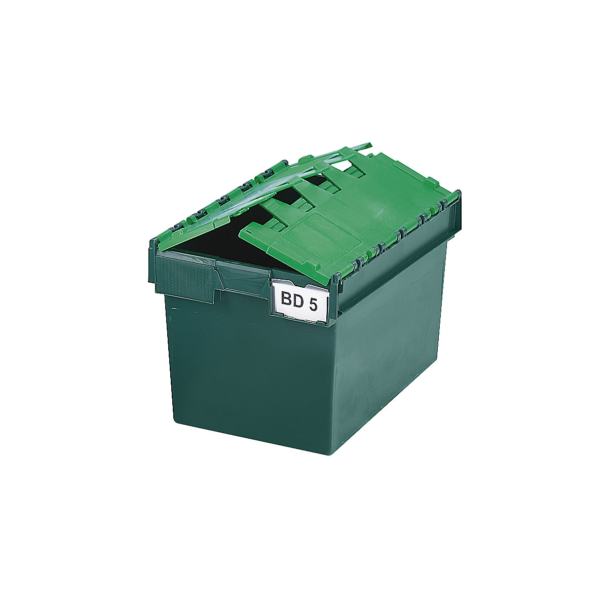 Recipiente empilhável e retornável com tampa articulada, volume 64 litros, CxLxA 600 x 400 x 365 mm, verde, a partir de 10 unid.