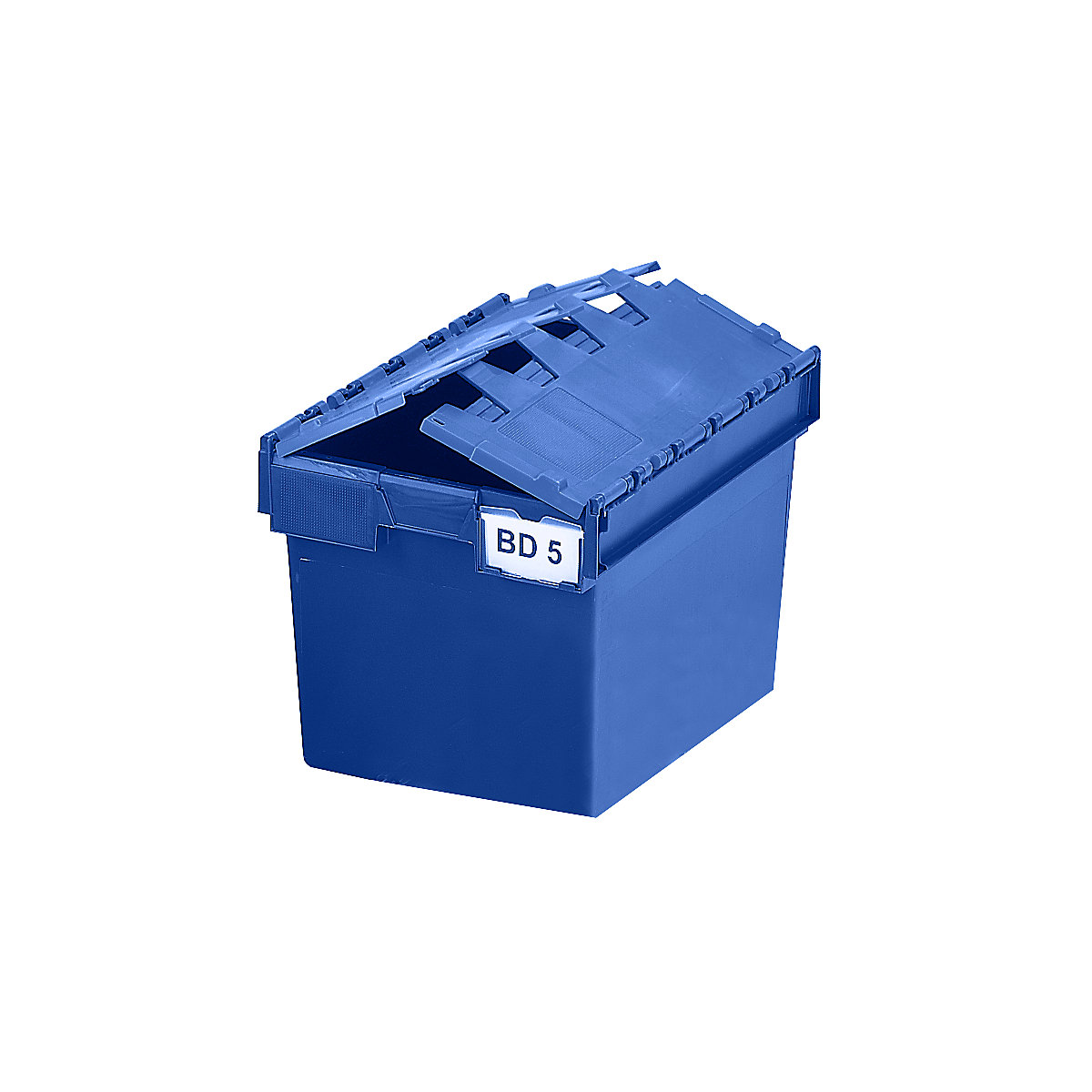 Recipiente empilhável e retornável com tampa articulada, volume 64 litros, CxLxA 600 x 400 x 365 mm, azul