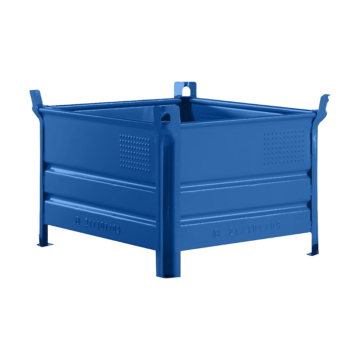Contenitore impilabile in lamiera piena – Heson, largh. x lungh. 800 x 1000 mm, portata 2000 kg, blu, a partire da 1 pz.
