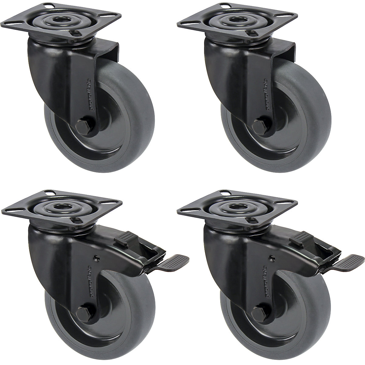 Black rubber tyre, thermoplastic, with mounting plate, offered as a set – Proroll, 2 swivel castors with double stops and 2 swivel castors, wheel Ø x width 100 x 25 mm-2