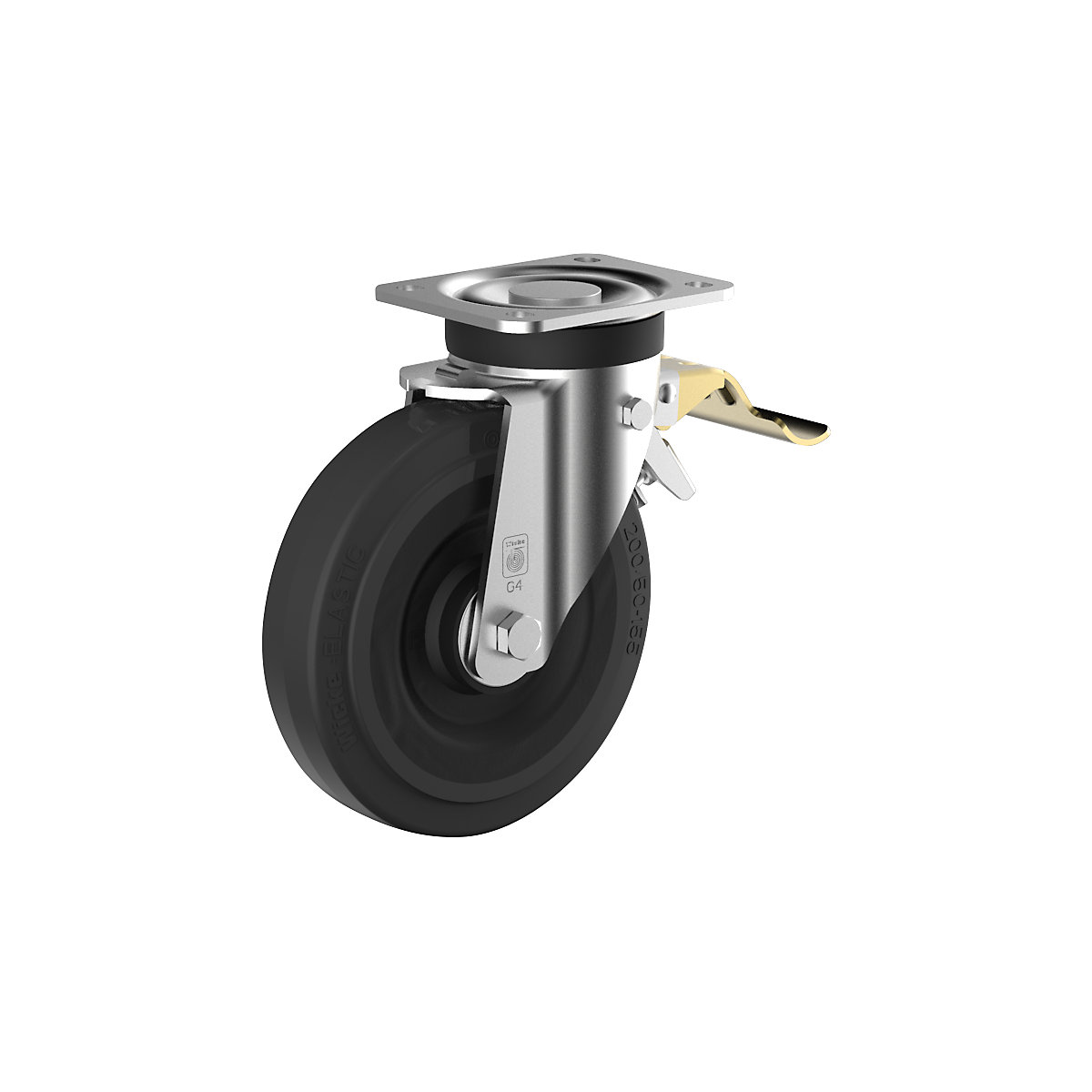 Elastic solid rubber wheel on steel rim – Wicke, wheel Ø x width 250 x 60 mm, swivel castor with double stop-2