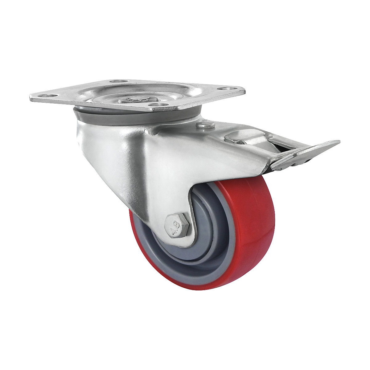 EUROKRAFTbasic – PU tyre, red on nylon rim, wheel Ø x width 80 x 32 mm, 2+ items, swivel castor with double stop