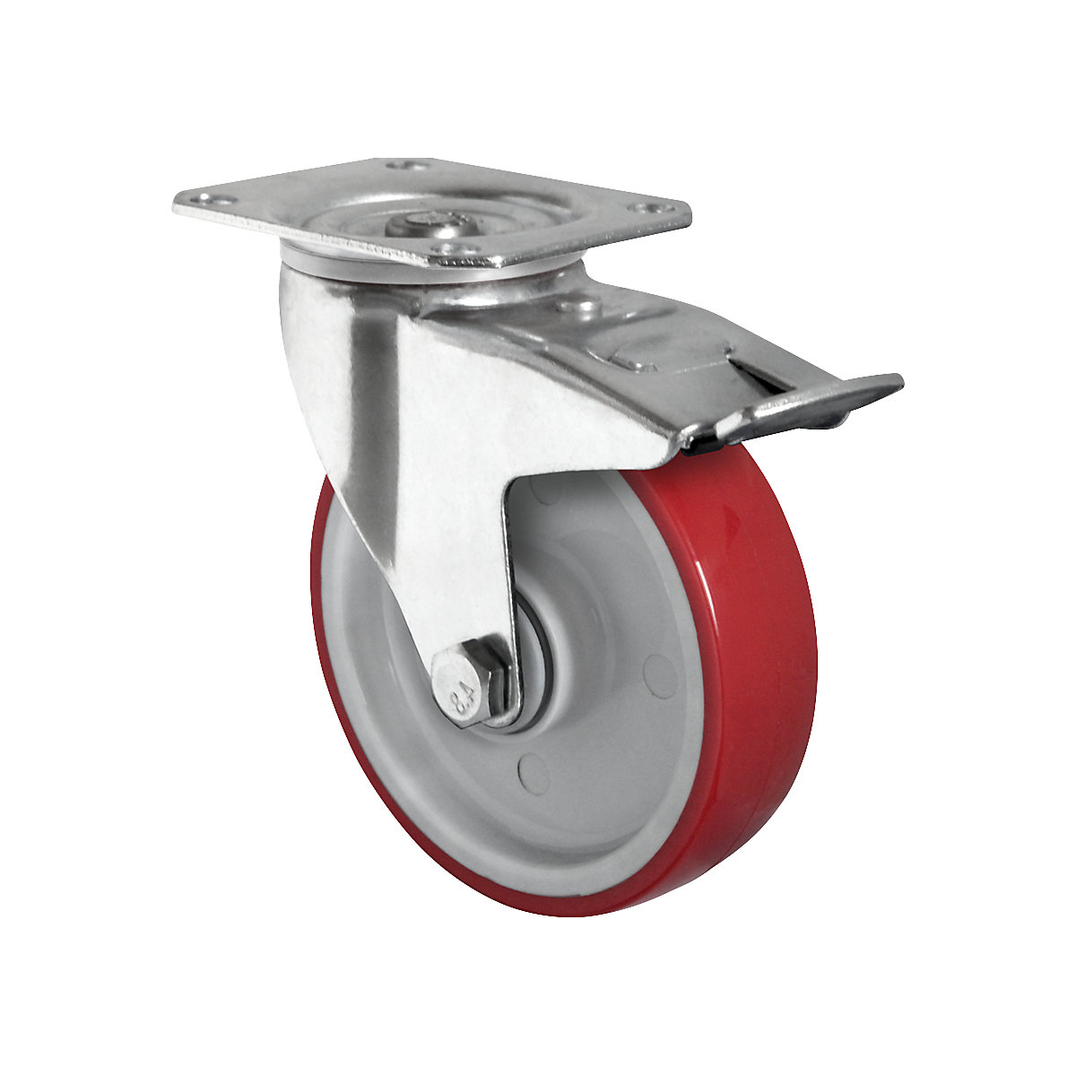 EUROKRAFTbasic – PU tyre, red on nylon rim, wheel Ø x width 100 x 32 mm, 2+ items, swivel castor with double stop