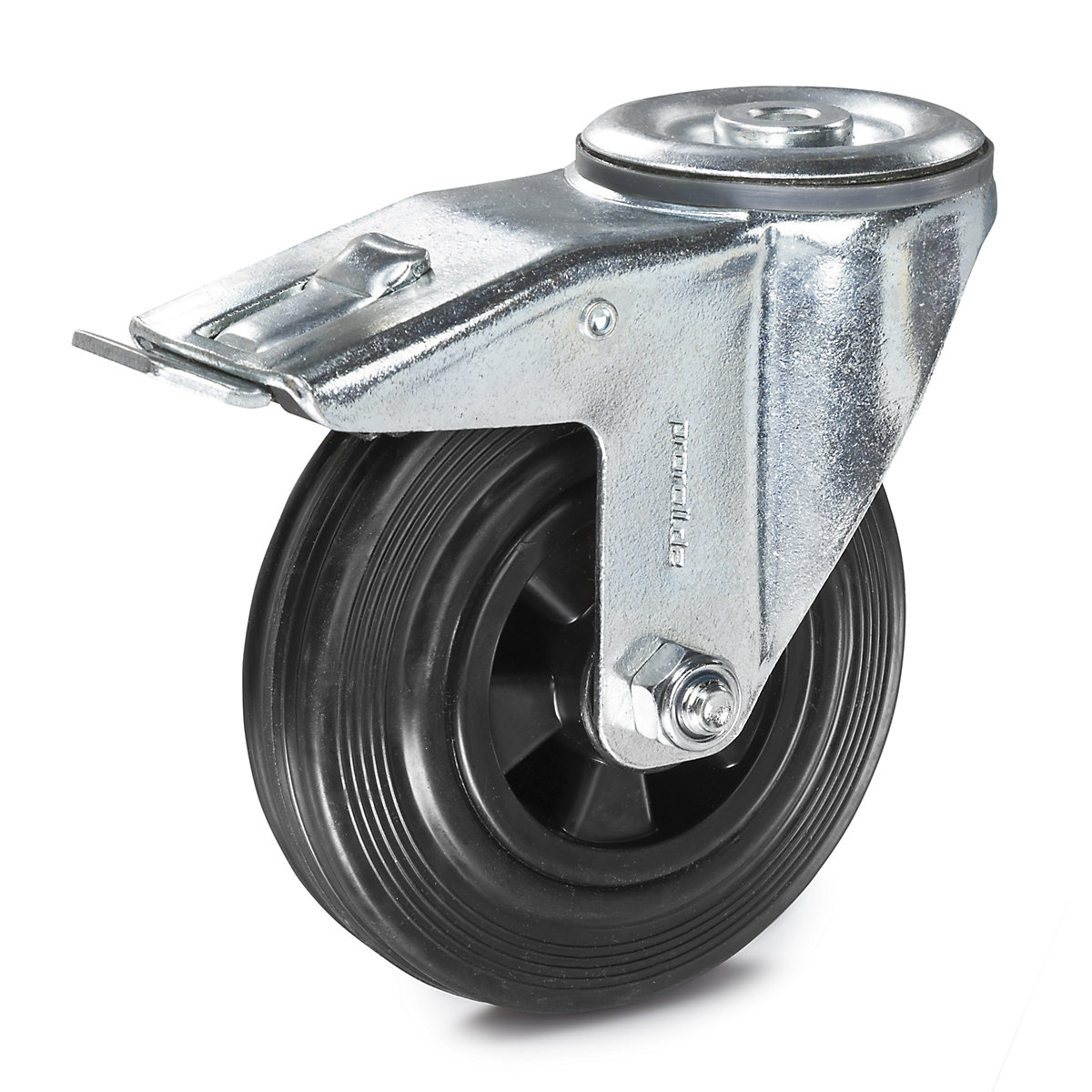 Solid rubber tyre on plastic rim – Proroll, wheel Ø x width 80 x 25 mm, swivel castor with double stop-3