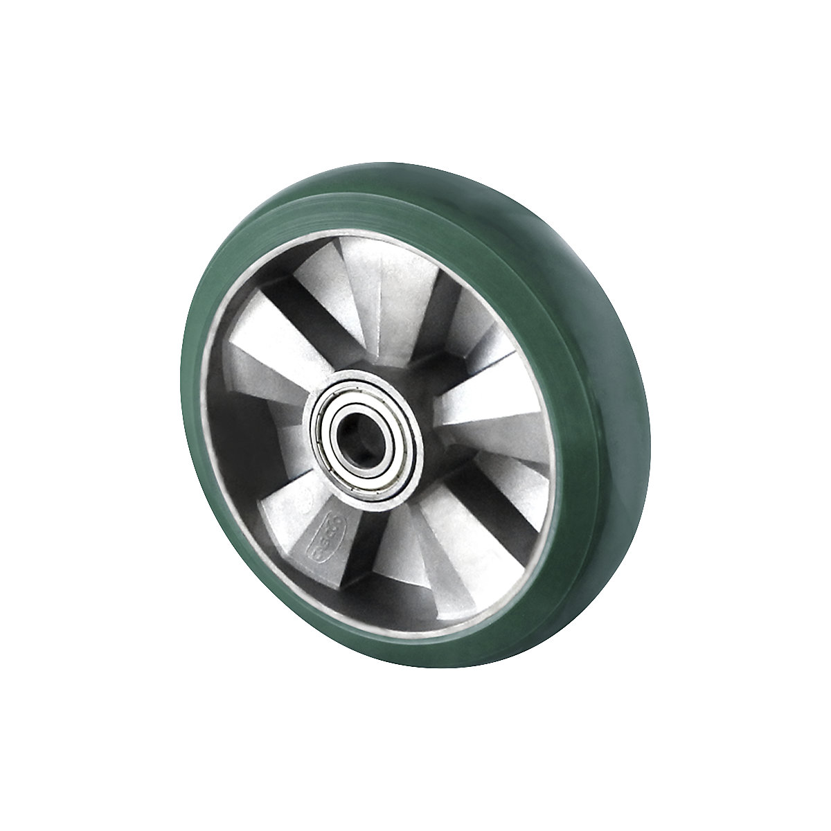 EUROKRAFTbasic – PU elastic wheel, green, double ball bearing, 2+ items, wheel Ø x width 160 x 50 mm